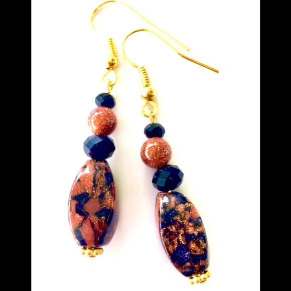 Brown Blue Marbled Goldstone Sun Sitara Galaxy Stone Twist Bead Crystal Earrings - Picture 1 of 2